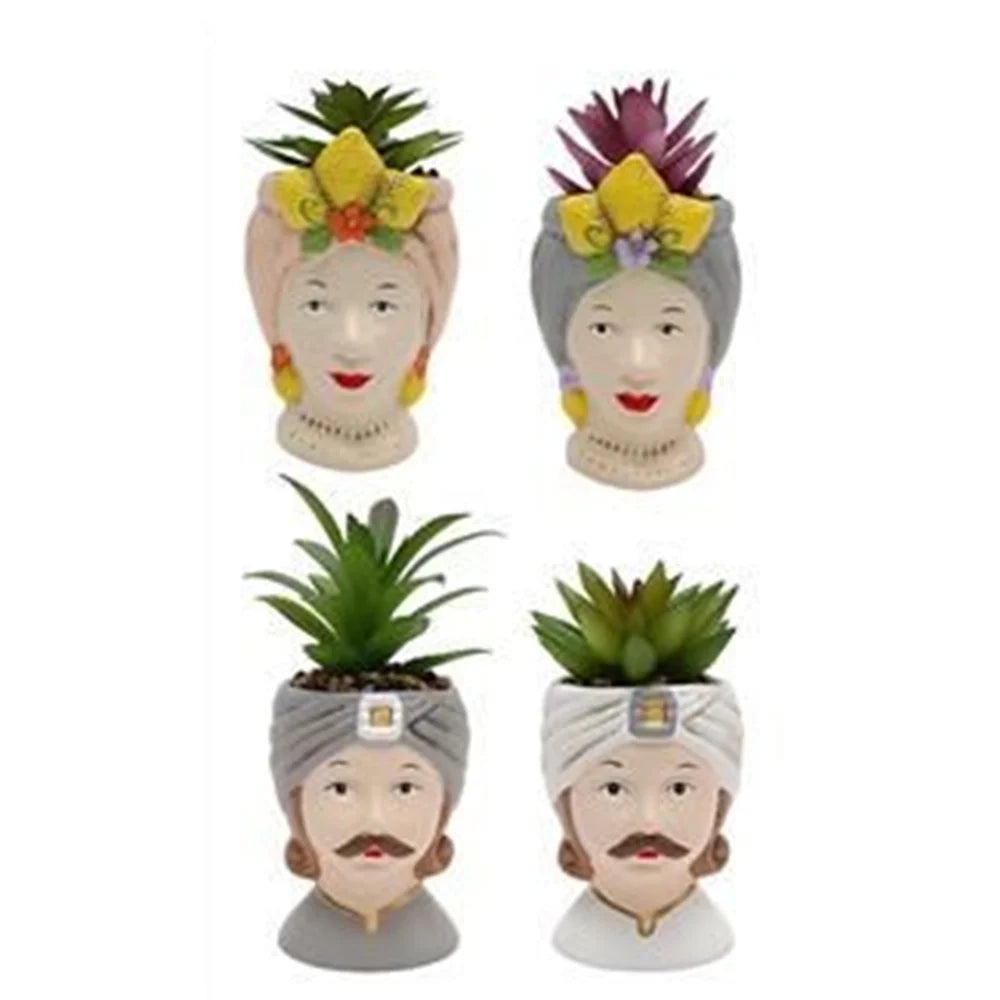 Trade Shop - Set 12pz Vaso Di Fiori Forma Di Testa Moro Statuetta Decorativa Pianta Grassa 14 Cm 660553 -