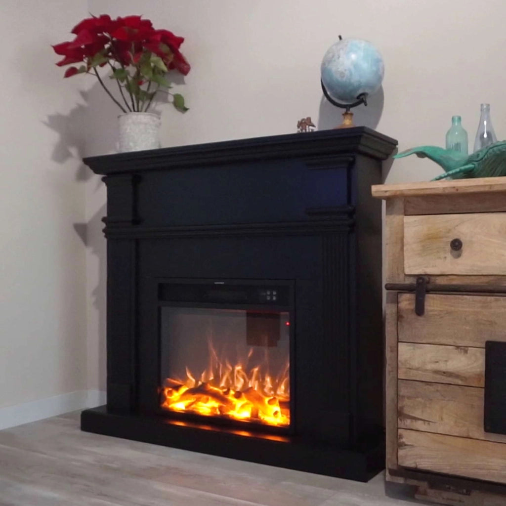 Caminetto Fuego Omar Negro 1500w a Parete Con Cornice Telecomando e Bruciatore Nero