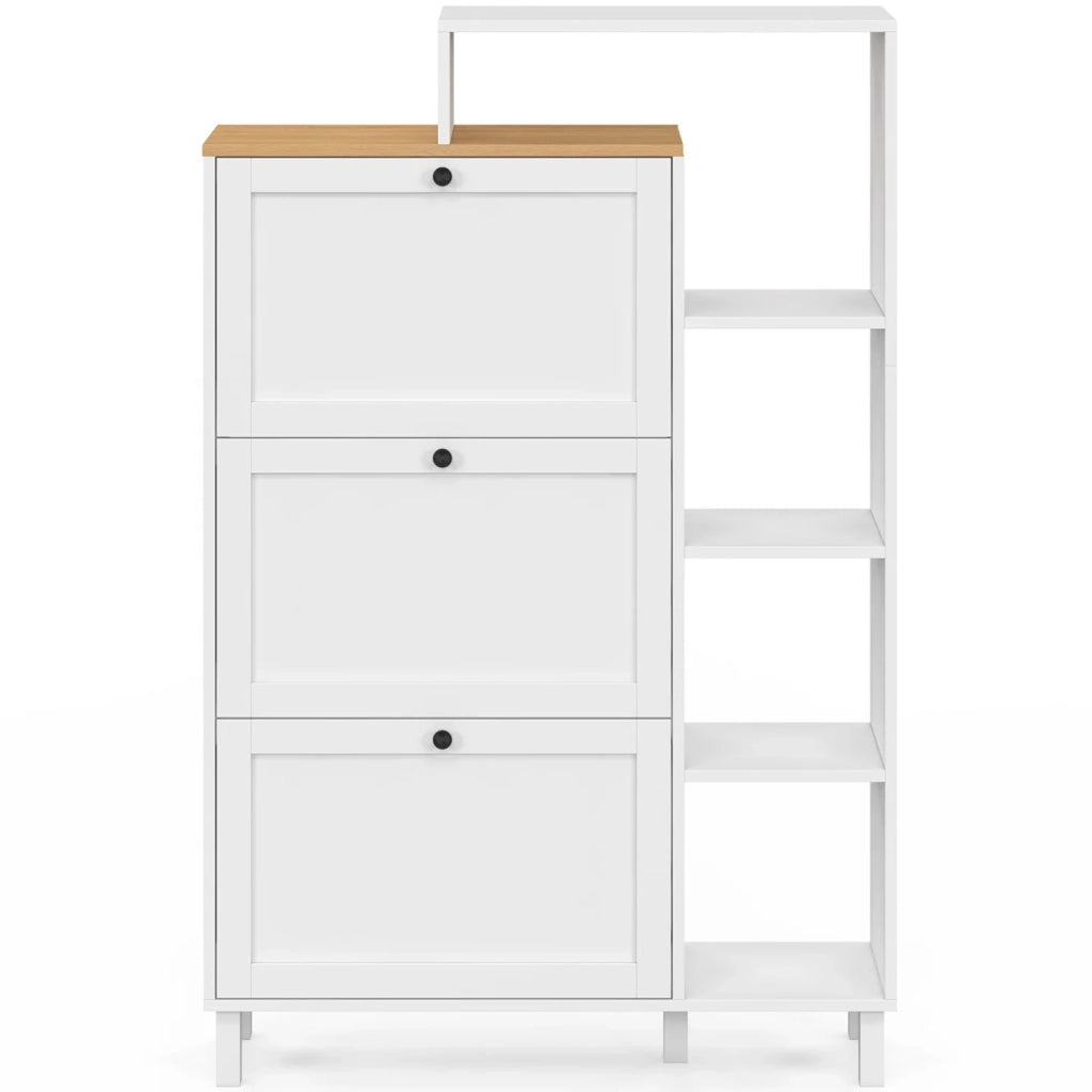 IDMarket - ACHILLE 18 paia di scarpiere bianche a 3 ante con piano e ripiano in legno