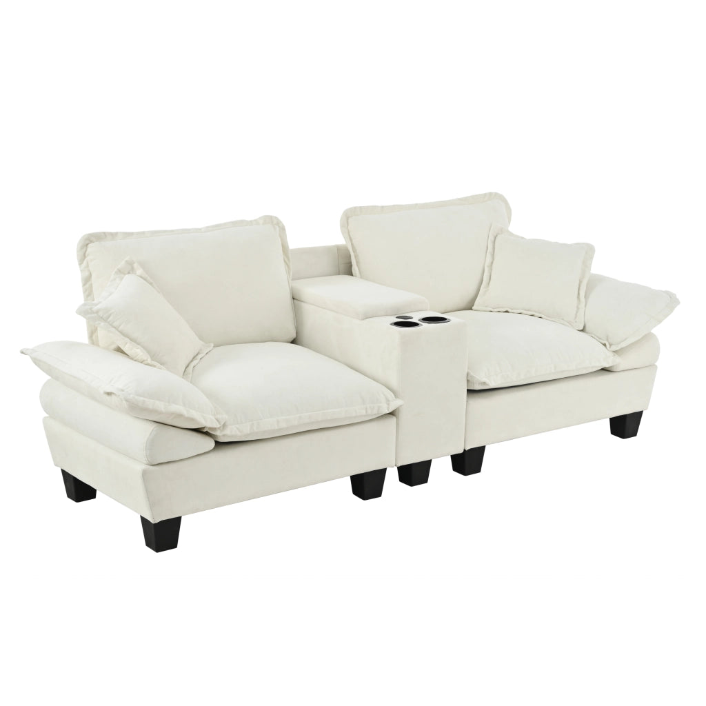 Divano modulare con pouf; contenitore; portabicchieri e USB - in chenille beige