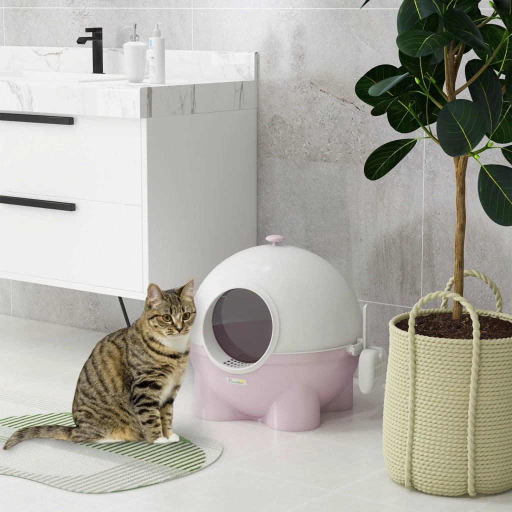 Lettiera Chiusa per Gatti 53x51x48 cm Rotonda con Uscita Raccogli Sabbia in PP e PC Bianco e Rosa