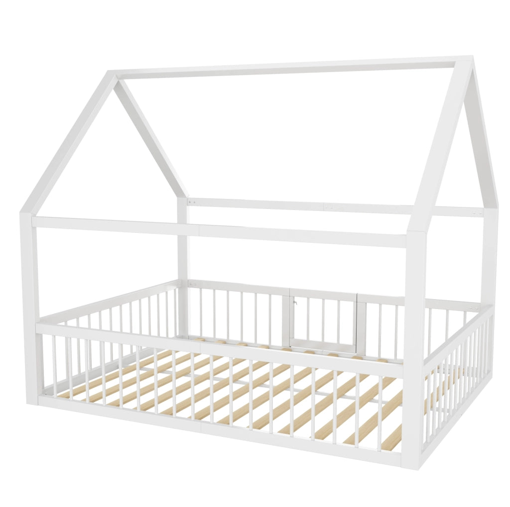 Letto 140x200 cm a casetta con sponde e porticina in metallo bianco