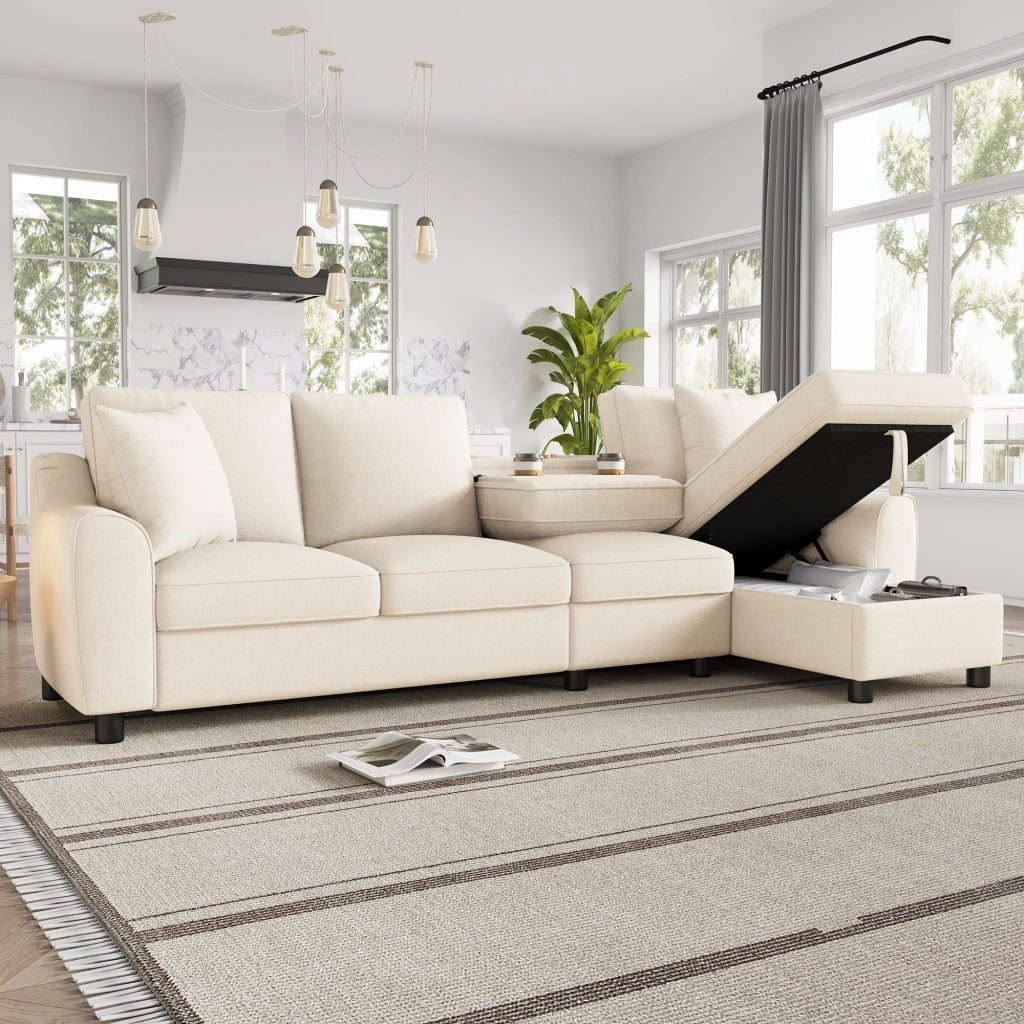 Divano angolare a L con chaise longue e vano contenitore, schienale ribaltabile con portabicchieri, in chenille beige