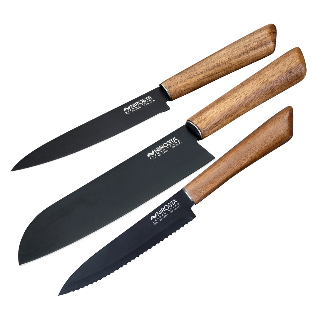 Set 3 Coltelli da Cucina, Nirosta, Linea Flow – Santoku, Chef e Seghettato – Acciaio Inox e Legno di Acacia
