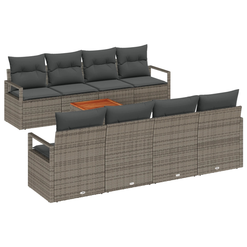 Set Divano da Giardino da 9 Pezzi con Cuscini Grigio in Polirattan e Acacia