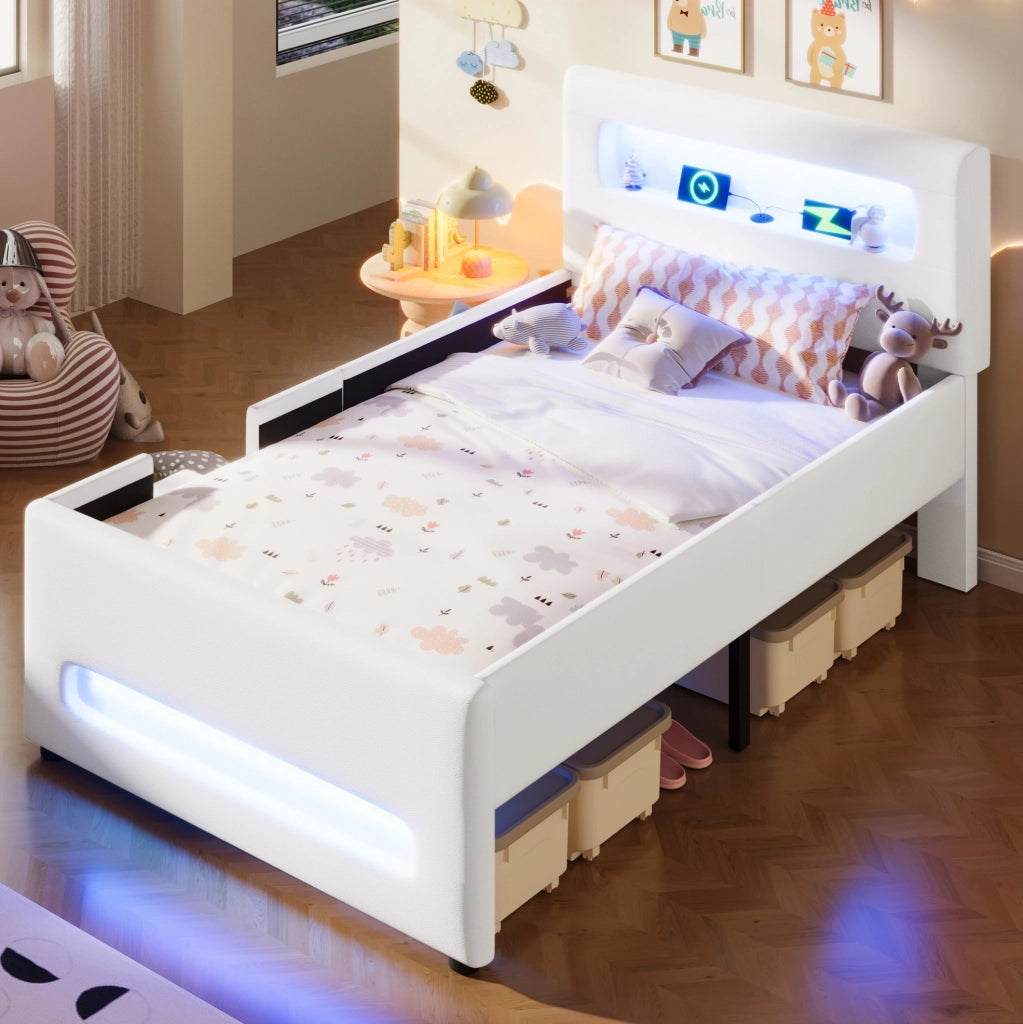 Letto imbottito 90x200 cm con LED, cassetto e scala