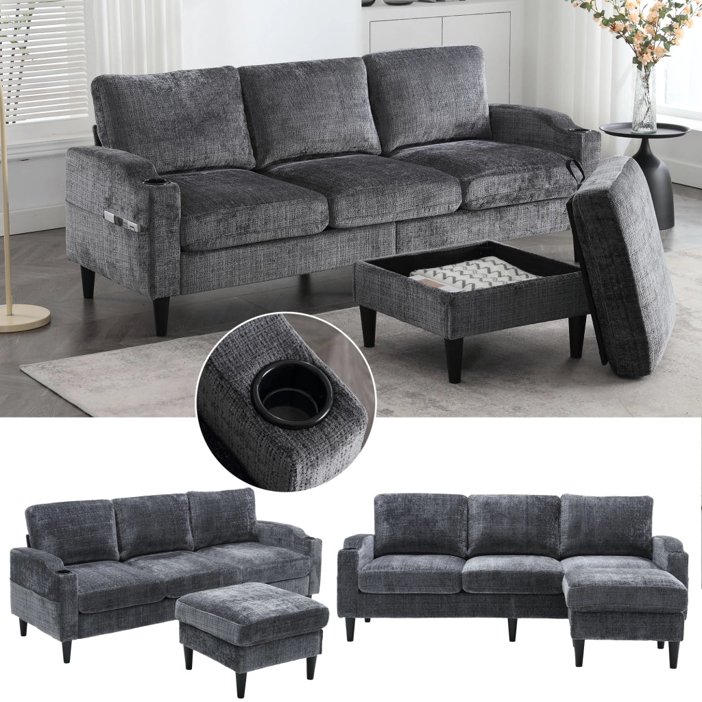 OKWISH Divano Modulare 4 Posti con Pouf Contenitore Portabicchieri e Tasche Laterali in Ciniglia Grigio