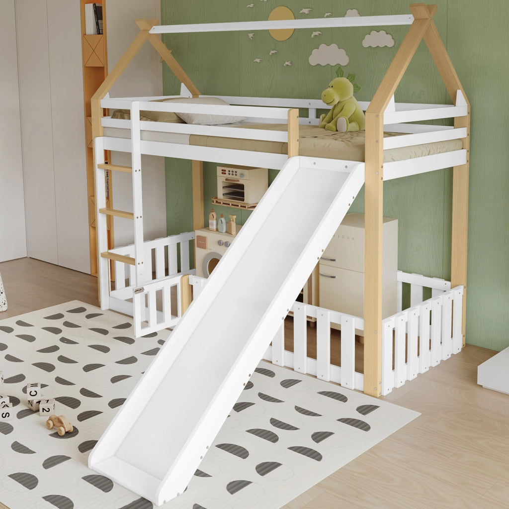 Letto a castello 90x200 cm con scivolo e tetto in legno; MDF e compensato bianco e naturale