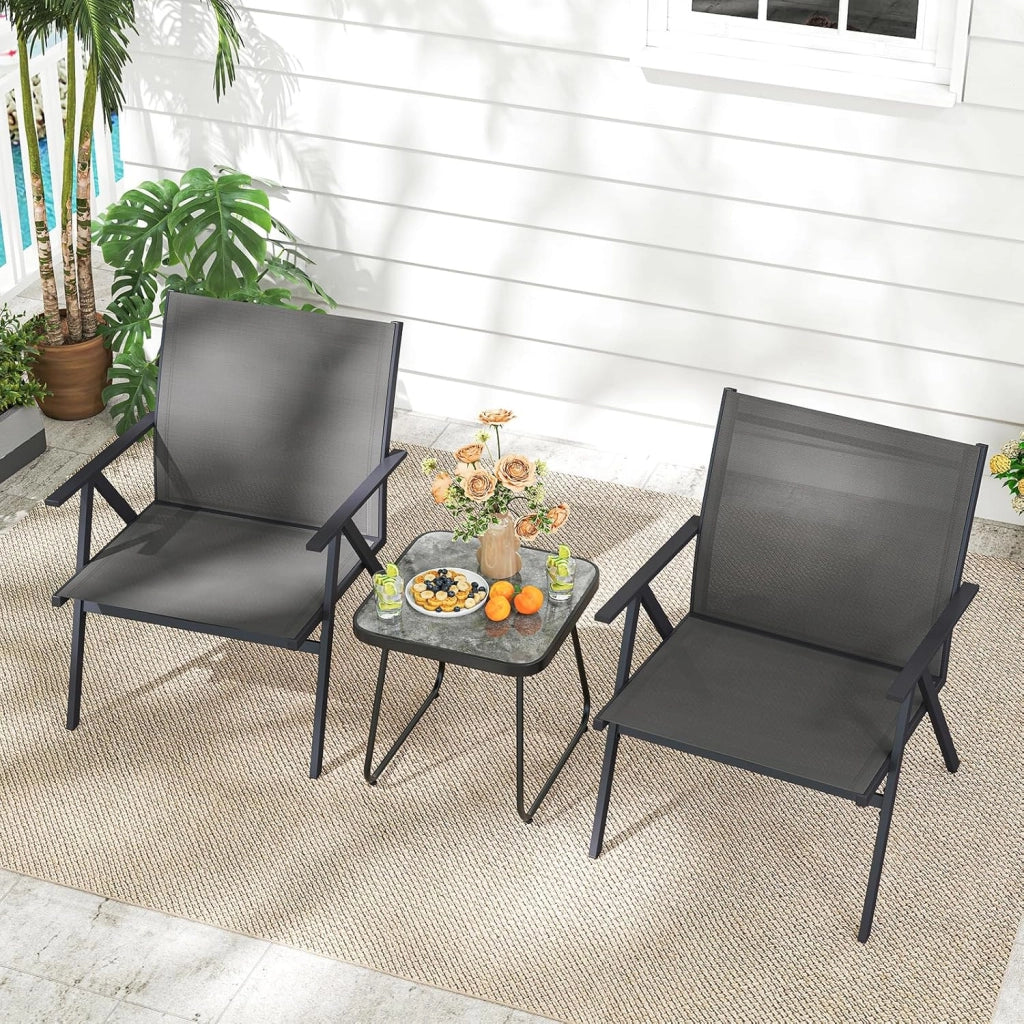 Set di 2 Sedie da Esterno, Sedie con Struttura in Metallo e Tessuto Traspirante, Schienale Reclinabile, Braccioli e Piedini Regolabili, Poltrone per Patio, Giardino, Terrazza
