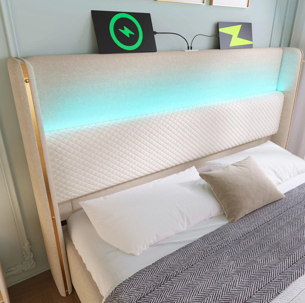 Letto matrimoniale idraulico 140x200 cm con testiera alta; LED; USB e Type-C; beige in lino