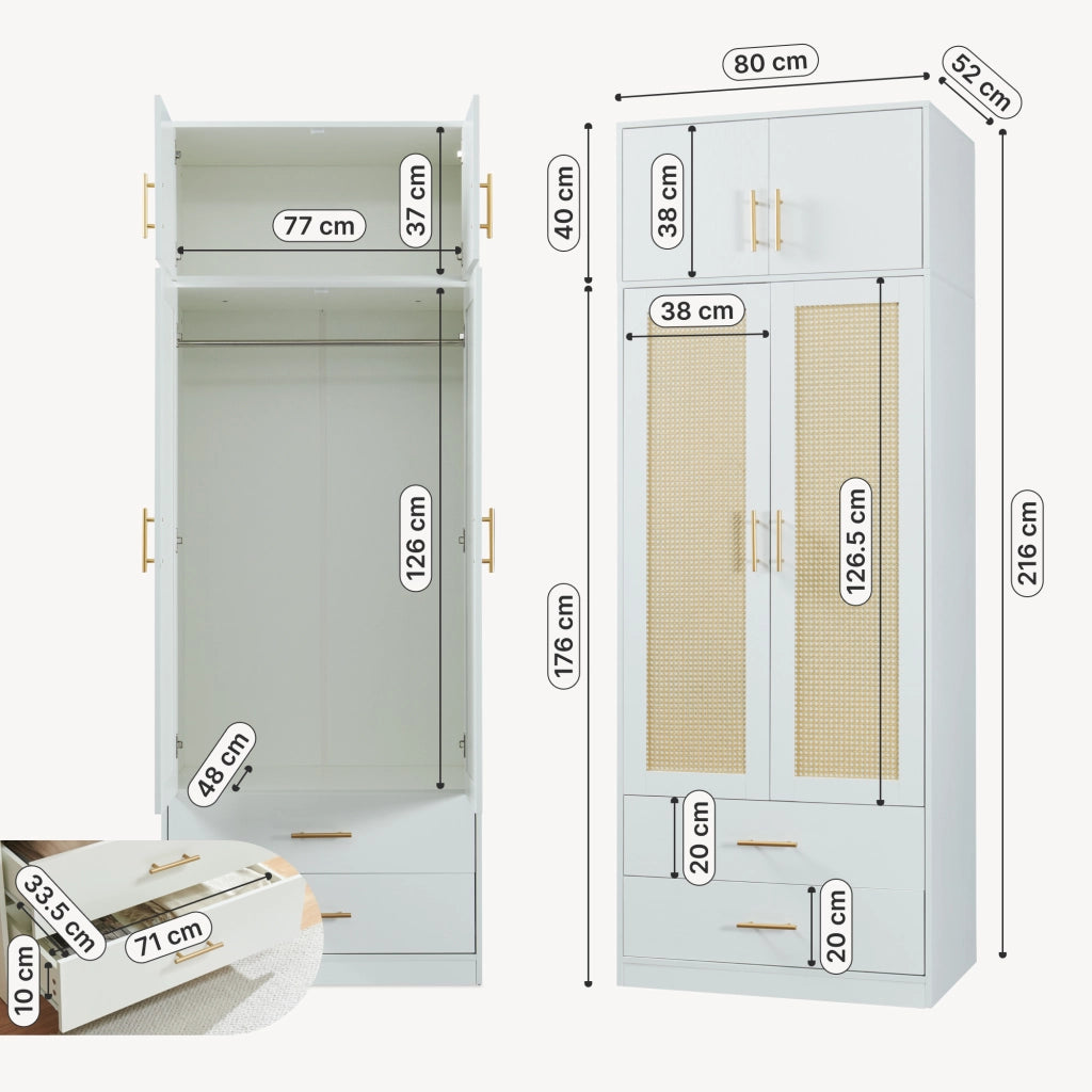 Armadio da Guardaroba Larundi con 4 Ante e 2 Cassetti 216 x 80 x 52 cm - Bianco/Effetto Rattan [en.casa]