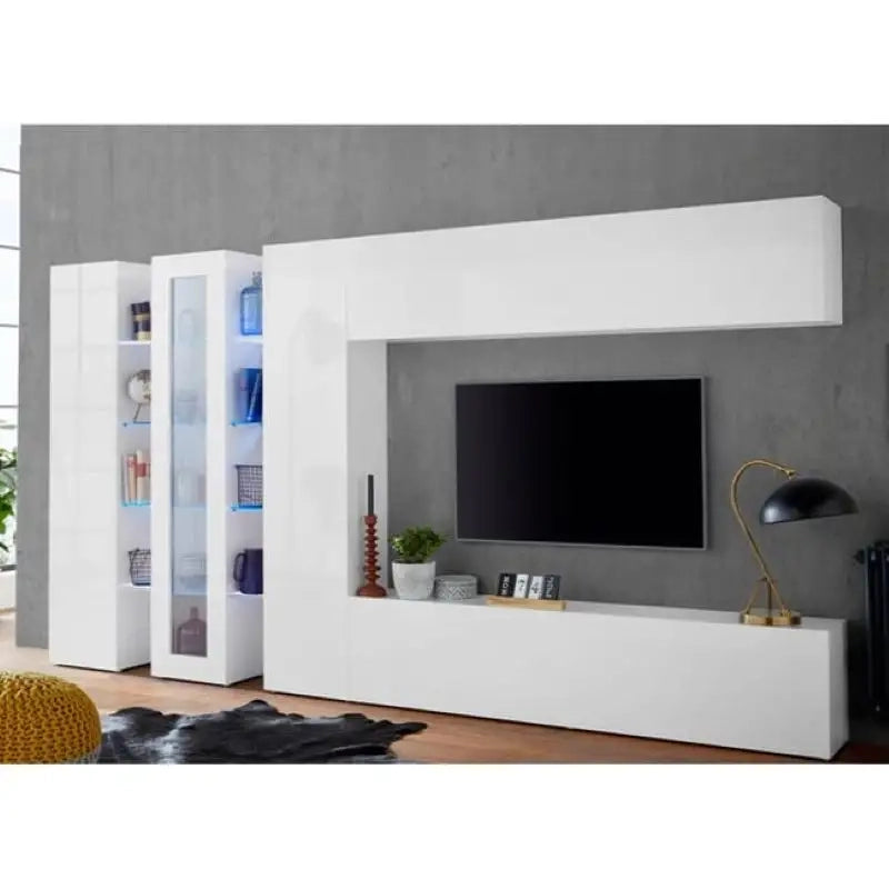 Parete attrezzata bianco lucido mobile TV vetrina 2 colonne pensile Joy Wide