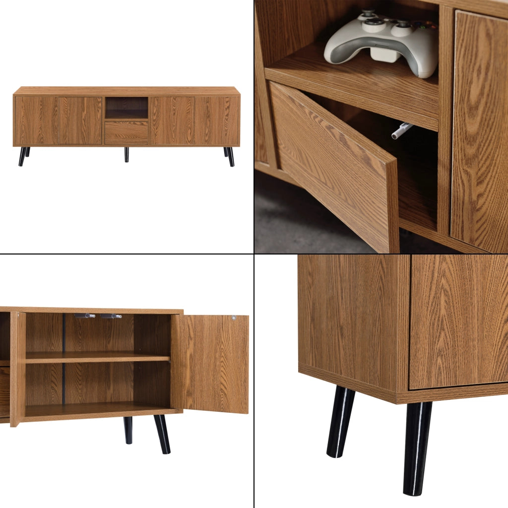 Mobile Porta TV con 5 Ante e 1 Scomparto, Apertura Push-to-Open Mobiletto Multiuso per Camera/Ufficio Armadietto su Piedini in Legno Massiccio Consolle 140x30x45,5 cm - Effetto Legno Scuro