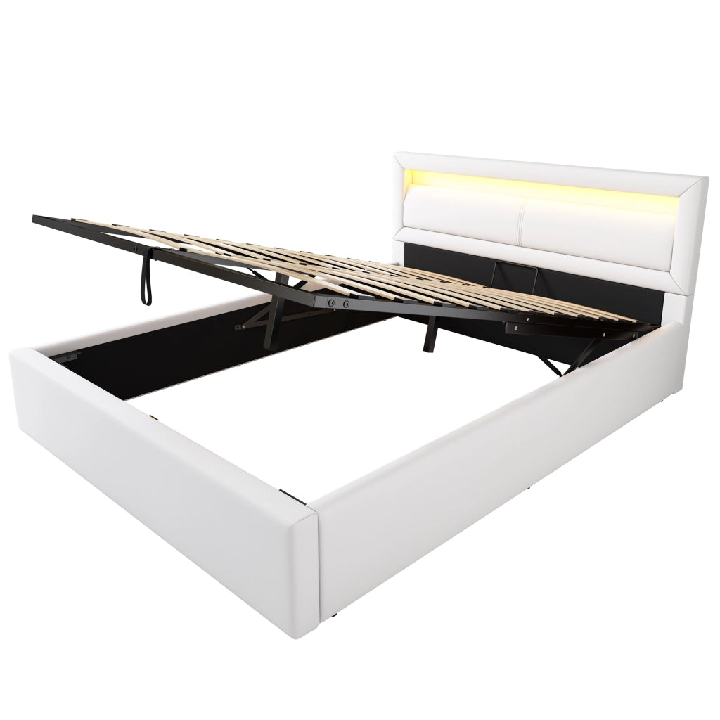 LETTO imbottito LED 140x200 cm Bianco in PU con rete a doghe e contenitore