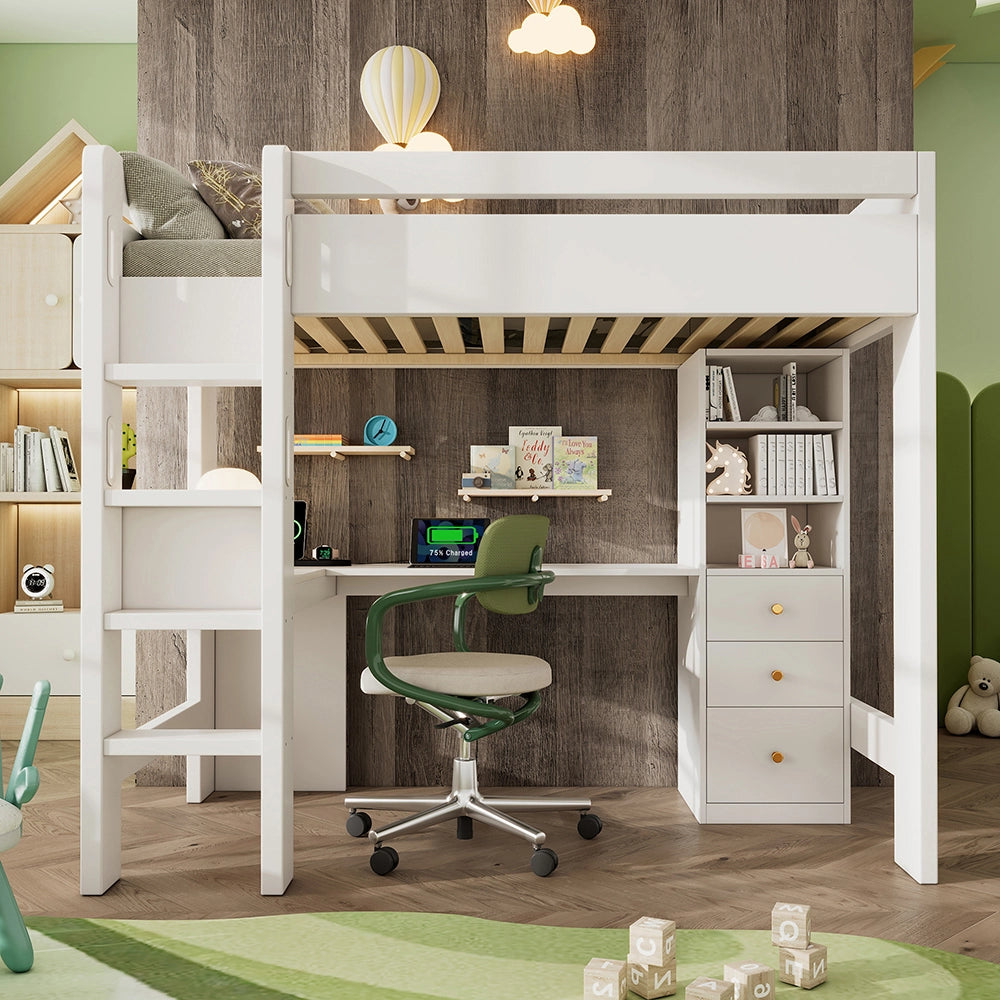 Letto a castello-Xylo-90x200 cm-scrivania L, ripiani, cassetti, USB/Type-C, bianco