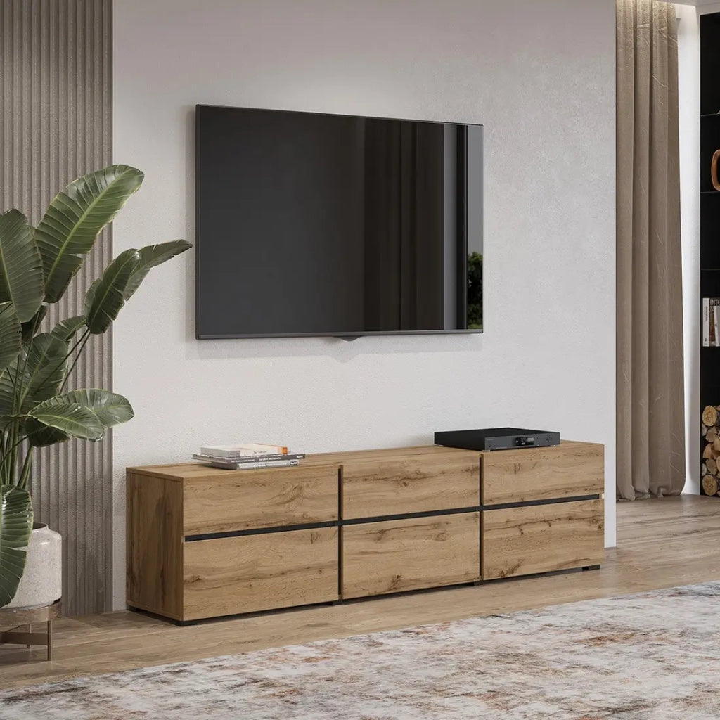 Mobile TV 180cm color rovere e nero collezione HAVANA. Mobile design con 3 porte e 3 cassetti.