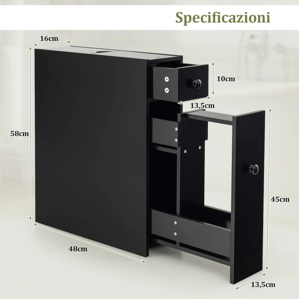 Armadio Sottile di Stoccaggio per Gabinetto, Armadietto Laterale da Bagno Multiuso in Legno (Nero)