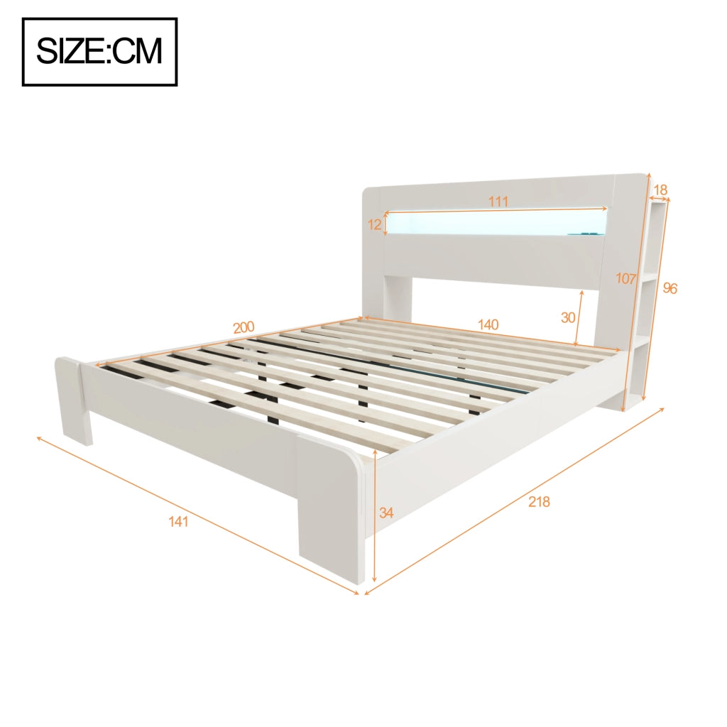 LETTO con testiera contenitore, LED e prese 140x200 cm legno bianco