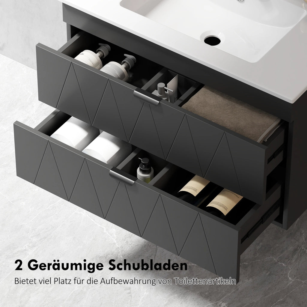 Mobiletto Sottolavabo Sospeso con Lavabo Ceramica e Cassetti Soft-Close ¨C zephmum ¨C Nero