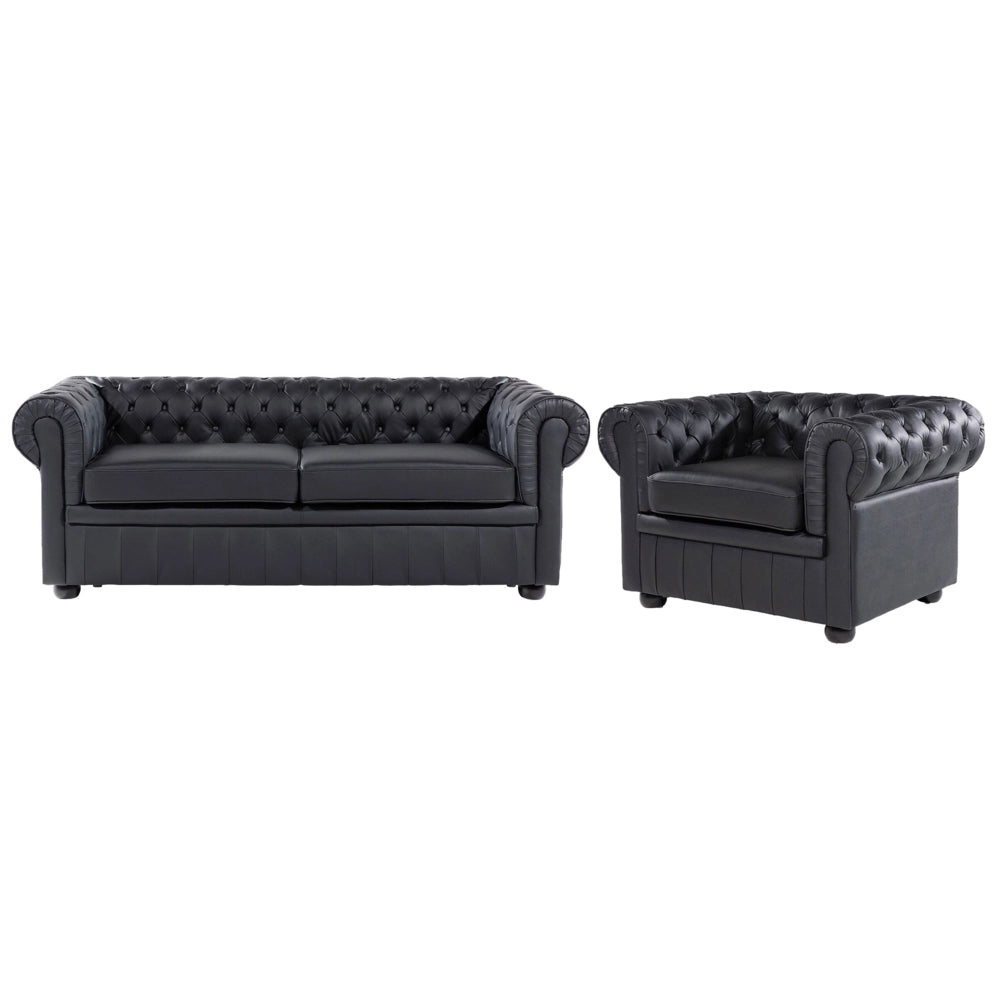 Set soggiorno Chesterfield Rivestimento in pelle nera Gambe in legno scuro Divano a 3 posti + poltrona contemporanea