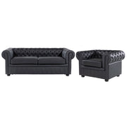 Set soggiorno Chesterfield Rivestimento in pelle nera Gambe in legno scuro Divano a 3 posti + poltrona contemporanea
