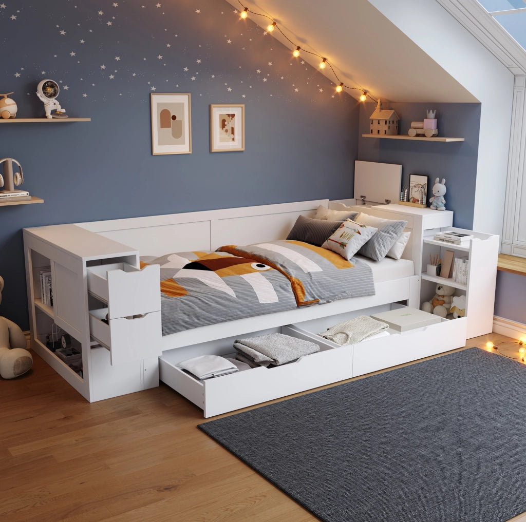 Letto singolo 90x190 cm con cassetto e comodino scorrevole in MDF bianco