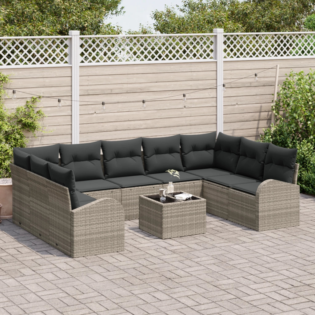 Set Divano da Giardino di 10 Pezzi con Cuscini Grigio in Rattan