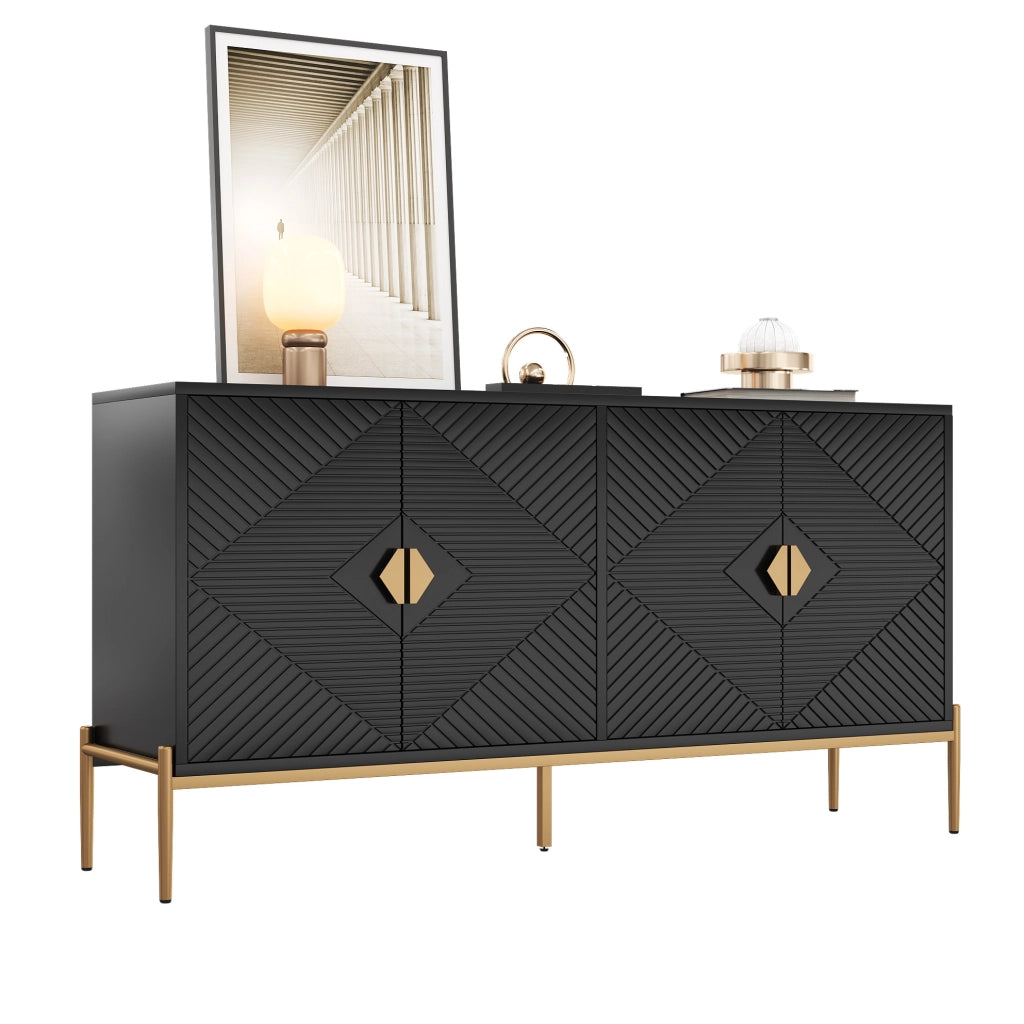Credenza 4 ante 162x40x80 cm in MDF e truciolare con gambe in metallo; nera