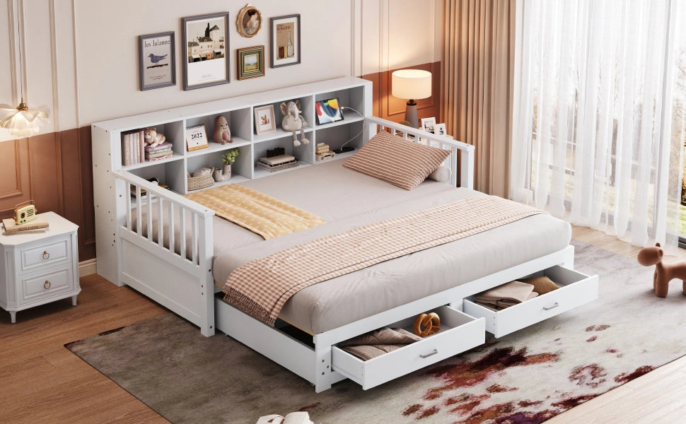 DESMIU Divano letto 90 × 190 cm 1 posto con ripiani, presa e 2 cassetti, senza materasso, bianco
