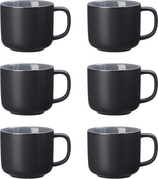Set di Tazze da Caffè da 6, Nero, 240 ml, Ceramica con Sensazione di Pelle morbida