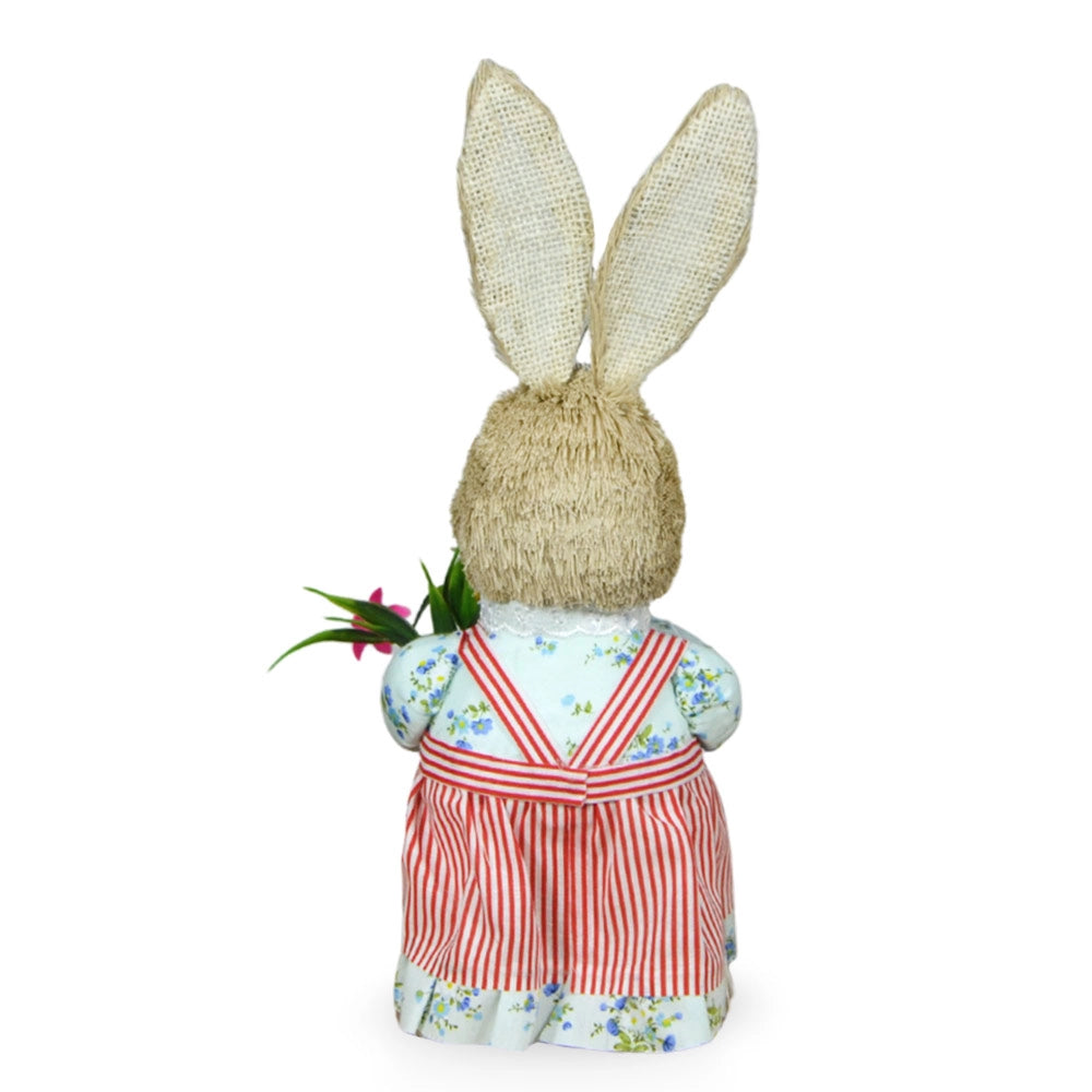 Coppia coniglietti di campagna decorativi con salopette e vestitino h 35 cm