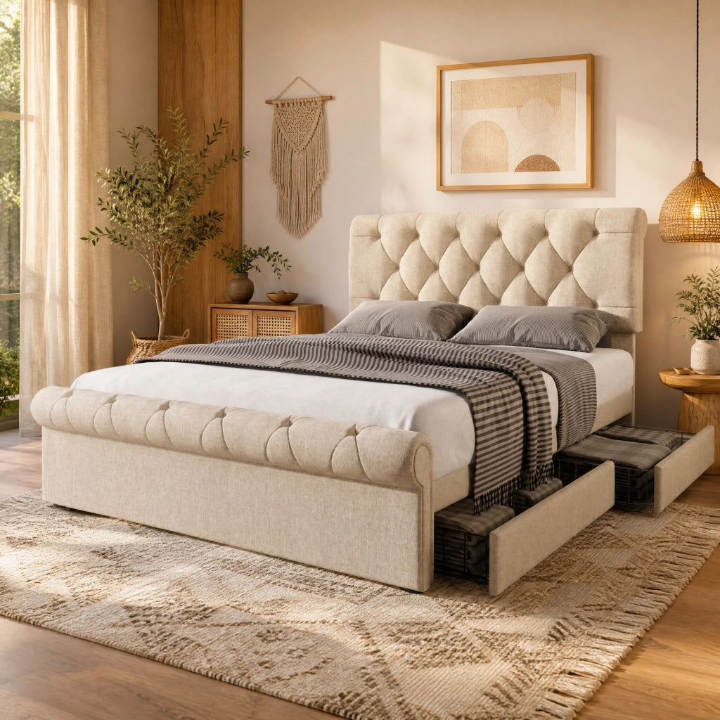 Letto matrimoniale imbottito 140x200 cm con 4 cassetti, testiera regolabile, colore naturale