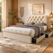 Letto matrimoniale imbottito 140x200 cm con 4 cassetti, testiera regolabile, colore naturale