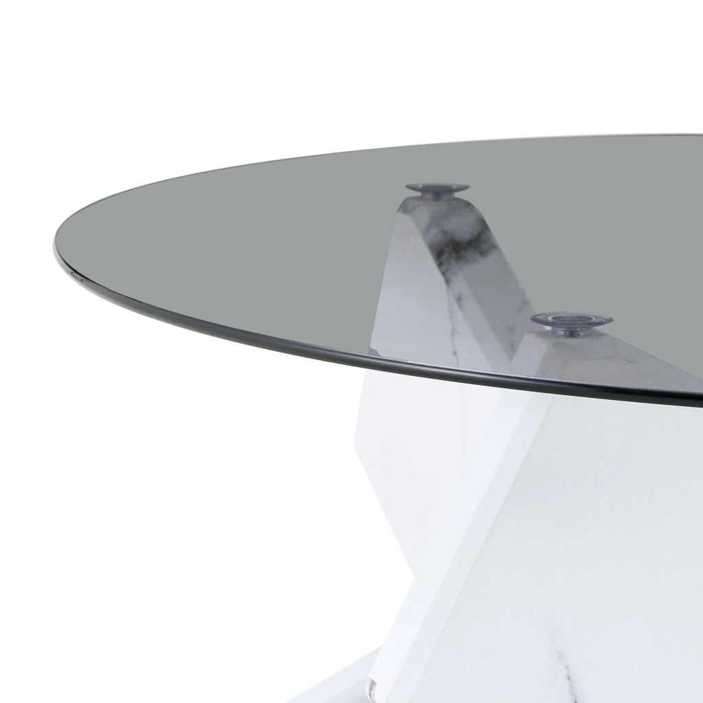Tavolino rotondo 88.5x88.5x12.5 cm con piano in vetro temperato; base geometrica in MDF e vetro bianco