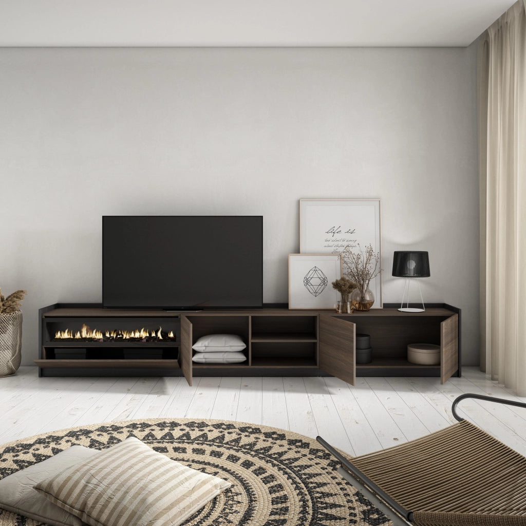Mobile TV Soggiorno, 310x50x37 cm, Per TV fino a 80", Camino elettrico, Rovere scuro e Nero