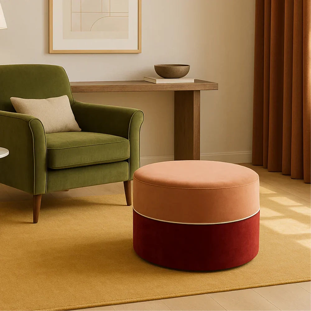 Pouf rotondo in velluto bicolore Zoe rosa antico e bordeaux imbottito design moderno | Duzzle