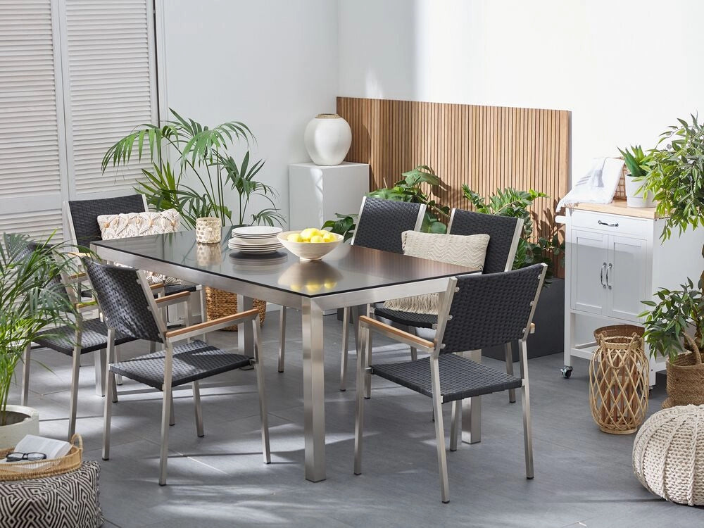 Set da pranzo da giardino Nero con piano in vetro Nero sedie in rattan 6 posti 180 x 90 cm