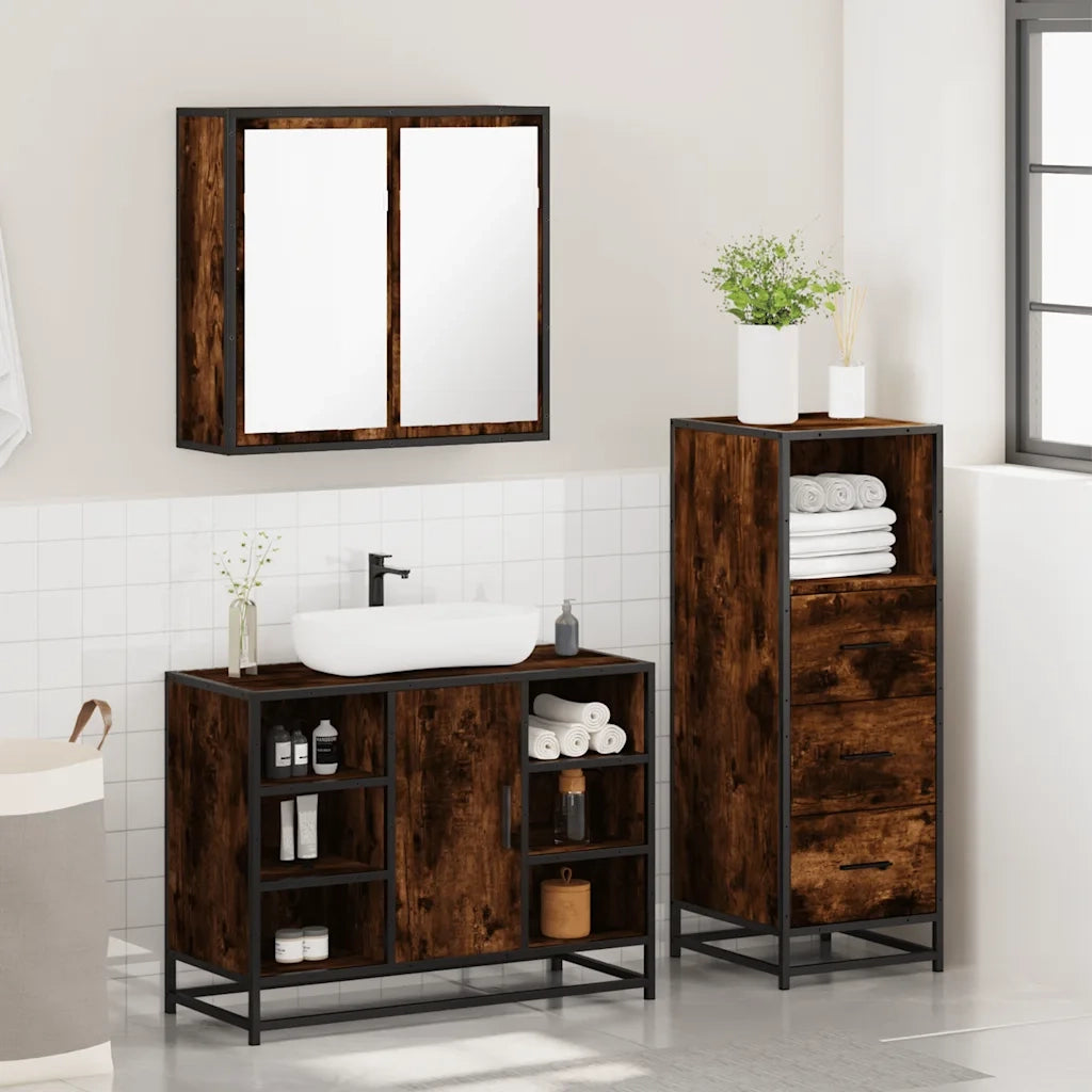 Set Mobili da Bagno 3 pz Rovere Fumo in Legno Multistrato 3301032