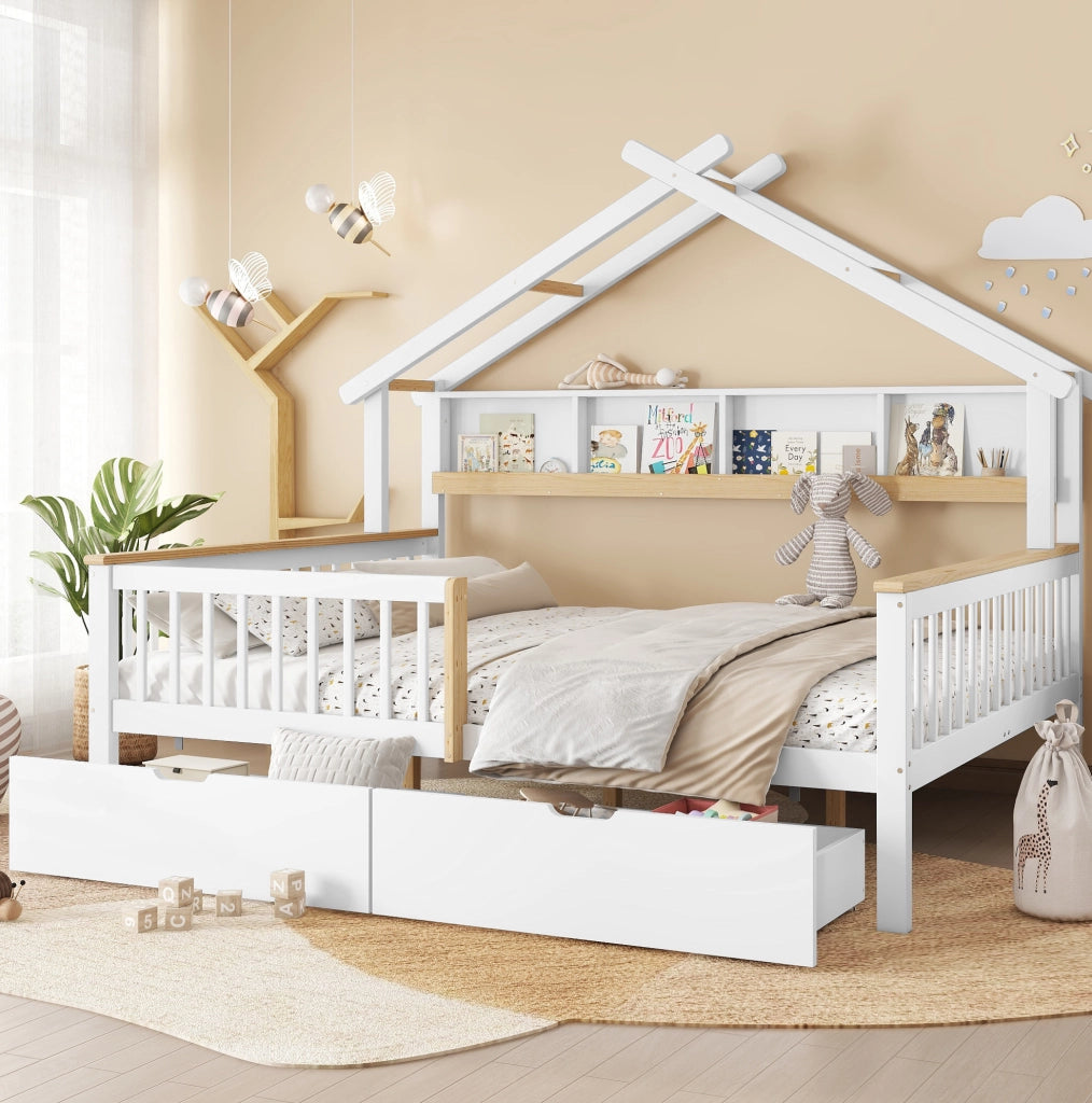 Letto per bambini 140x200 cm con tetto, sponde di sicurezza e 2 cassetti