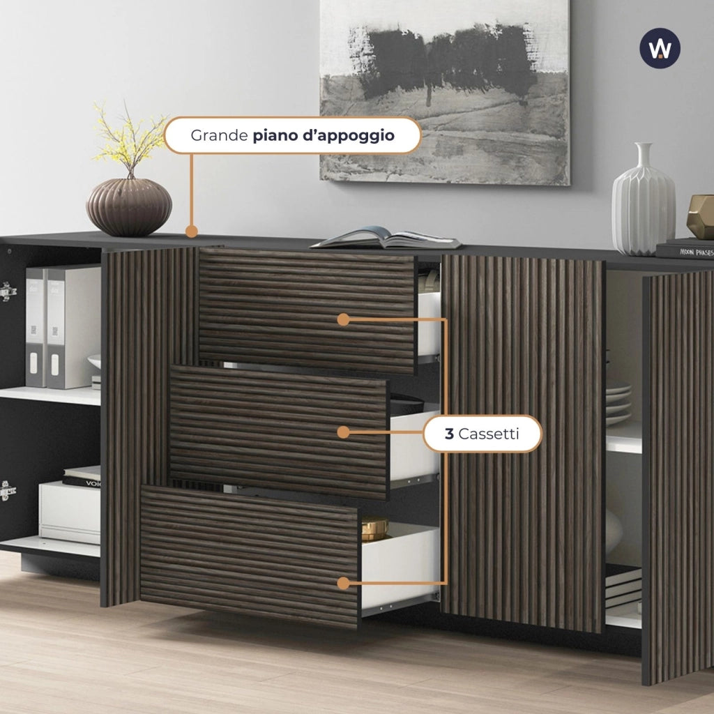 WHOUS Credenza Coste a 4 ante e 3 cassetti antracite opaco e legno scuro 220,1x43x86 cm