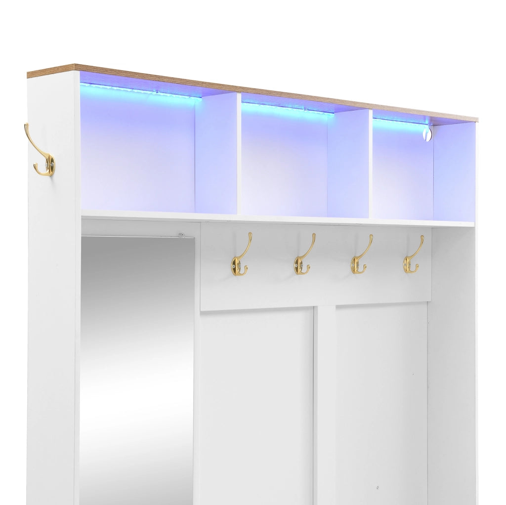 Mobile da ingresso portascarpe 120x40x187 cm MDF bianco con LED， specchio e vani