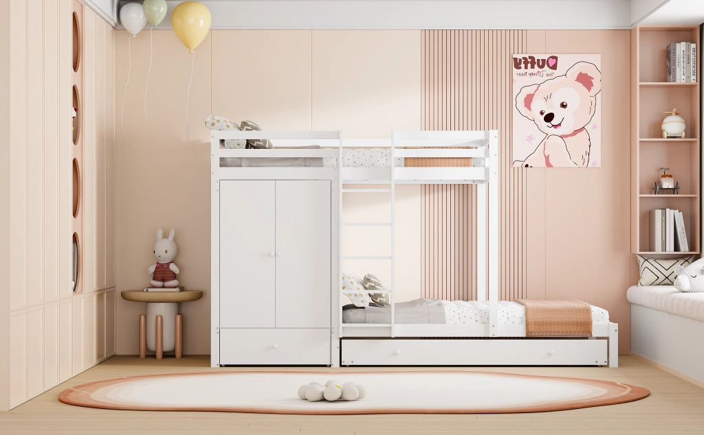 DESMIU Letto a castello 90 × 200 cm 2 posti con letto estraibile, armadio, cassetti e ripiano, senza materasso, in legno, bianco