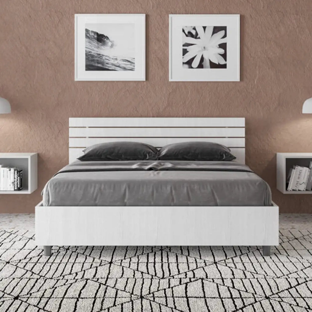 Letto matrimoniale francese contenitore 140x190 testata dritta con doghe bianco frassino Ankel