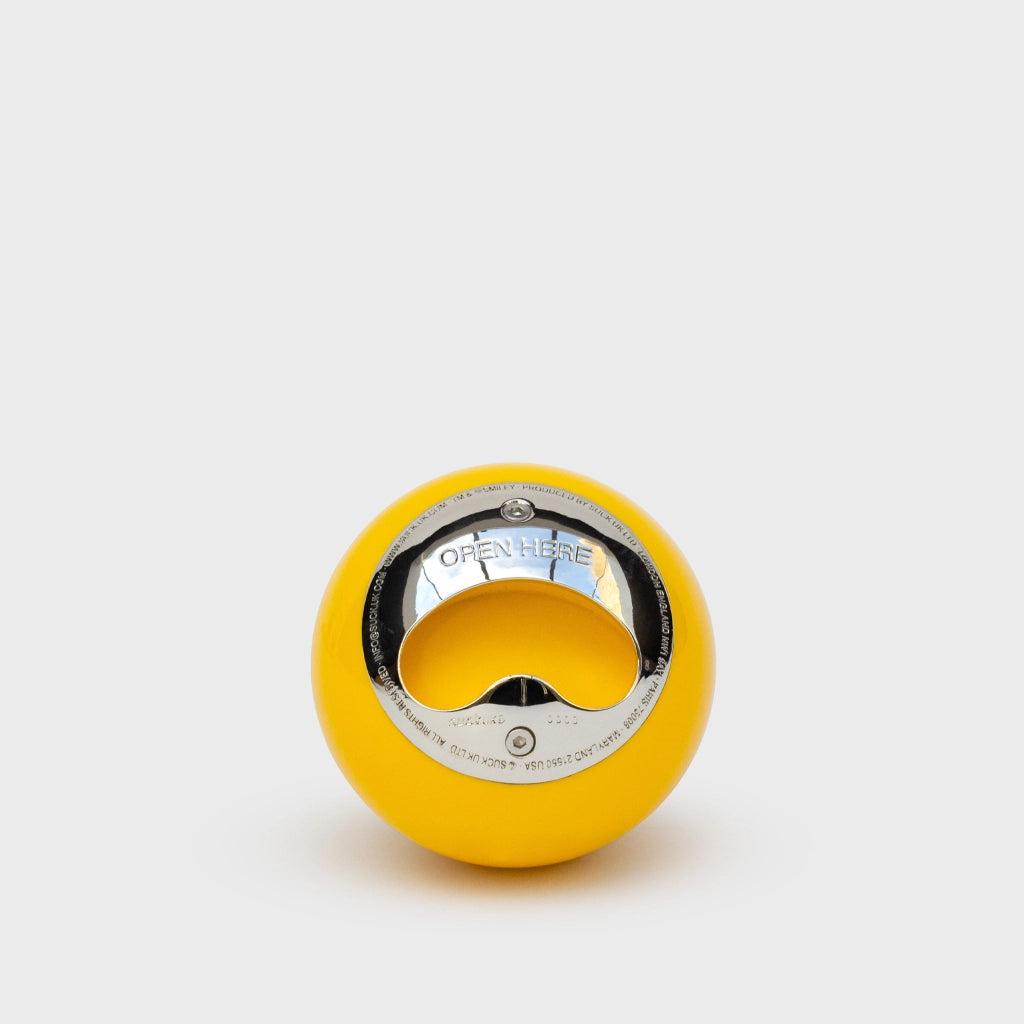 Apribottiglie "Smiley" – Palla da biliardo gialla con faccina e inserto in acciaio