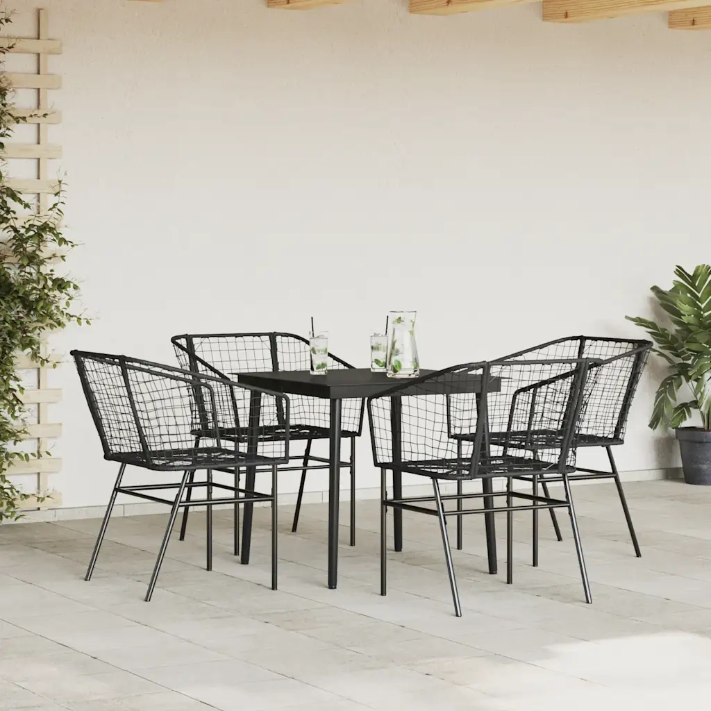 Set Mobili da Pranzo per Giardino 5 pz | Set Salotto da Giardino Nero Polyrattan Vetro