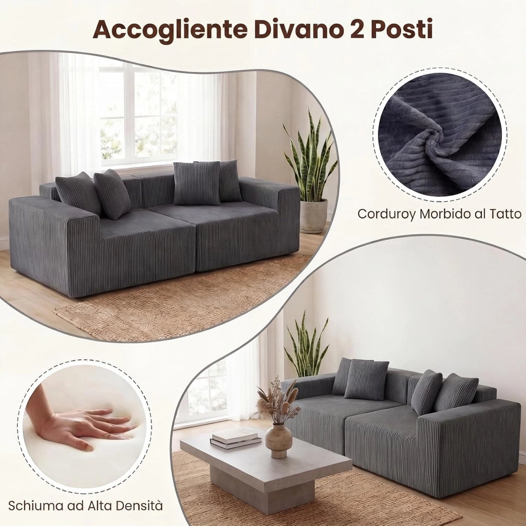 Divano Letto 2 Posti 204 X 89 X 64 CM, Divanetto da Pavimento Imbottito con 4 Cuscini, Velluto a Coste e Schiuma ad Alta Elasticità, Divano Modulare con Braccioli Comodi per Soggiorno