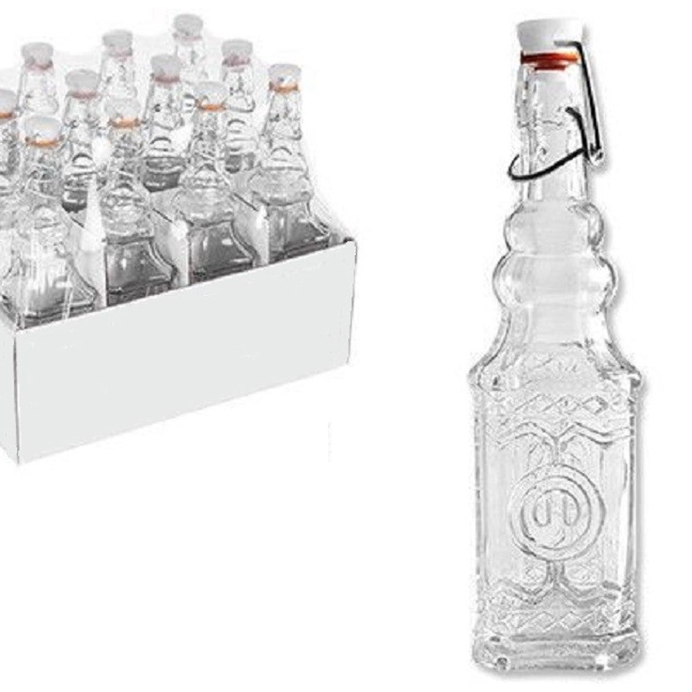 Trade Shop - Set 12 Pz Bottiglie In Vetro Quadrata Decorata Con Tappo Meccanico 150 Ml 108008 -