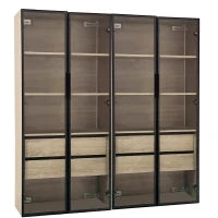 Set di 2 Armadietti Multiusi da Bagno con Illuminazione LED, 2 Cassetti e Ante, Vetro Satinato, 74×36×155 cm, Naturale