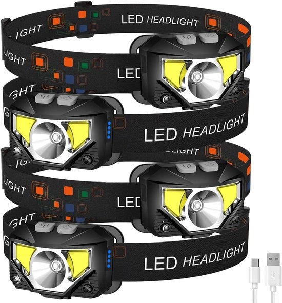 Pacco da 4 LED koplamp con carica ricarica, con luce rossa e bianca, impermeabile, con sensore di movimento, 8 modi super luminosi, koplamp e torcia, adatto per allenamento all'aperto, campeggio, corsa, ciclismo e pesca.