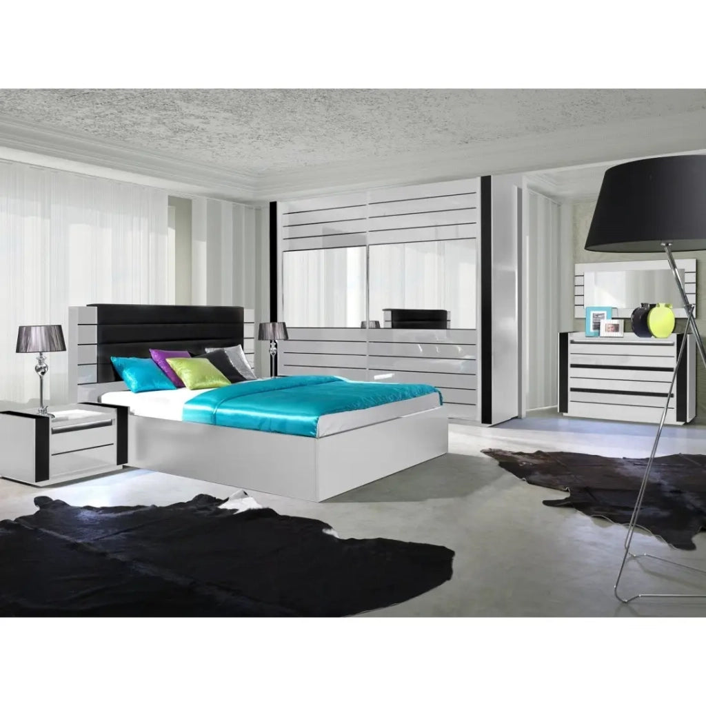 Letto LINA bianco e nero lucido 160x200 con testiera in similpelle - Rete inclusa